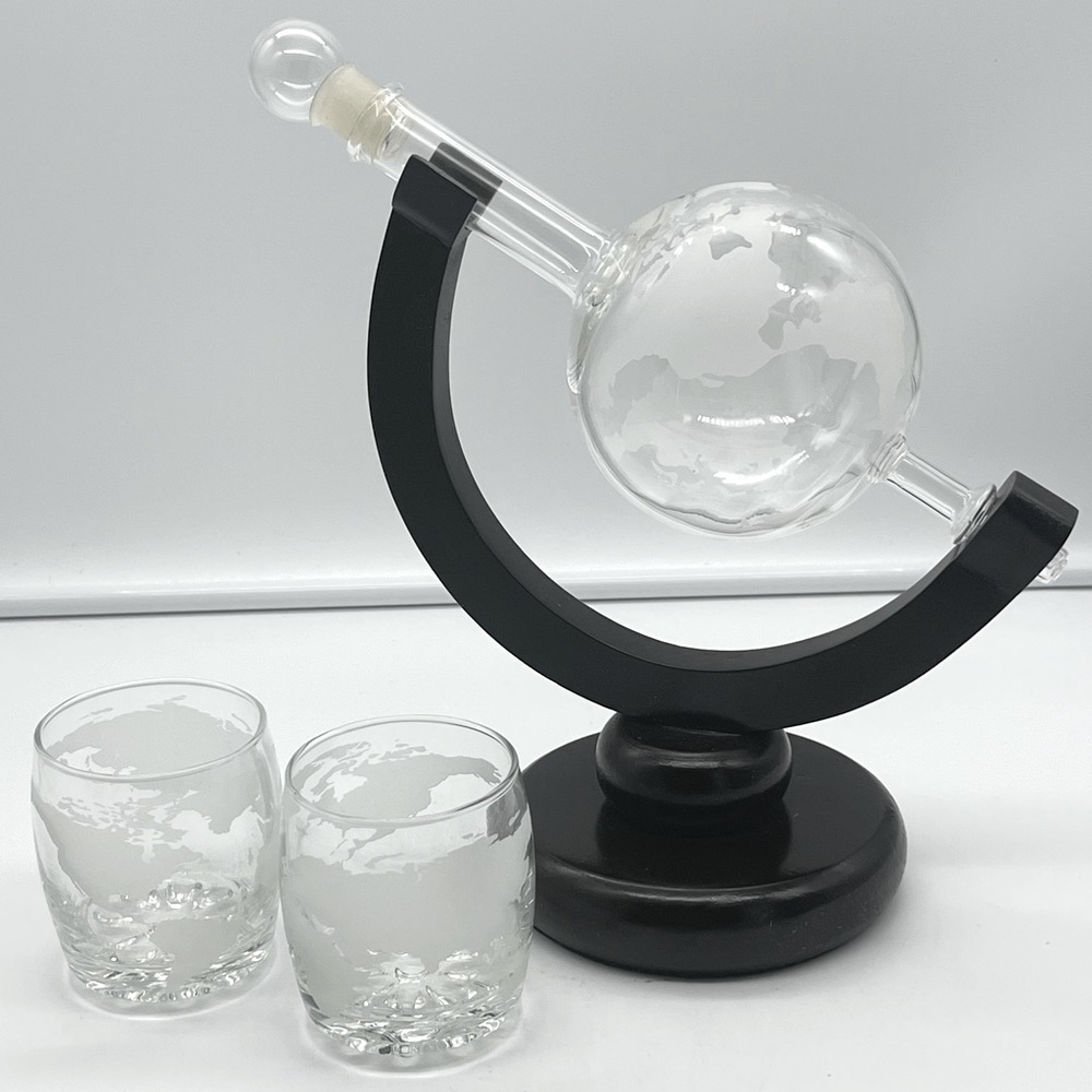 Etched Glass Globe Whiskey Decanter Set “2 On The Rocks” Glasses & Display Stand